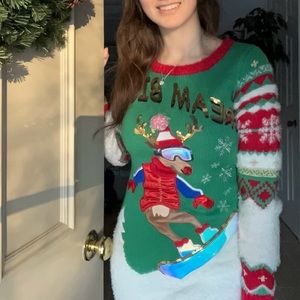 Fitted Ugly Christmas Sweater Skiing Reindeer Size XS
